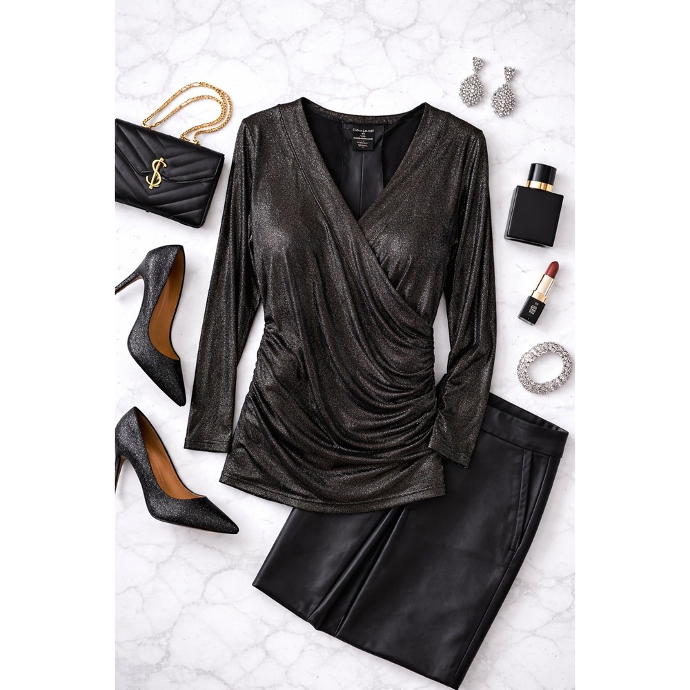 Lauren Ralph Lauren Womens XL Black Silver Metallic Surplice Ruched Holiday Top